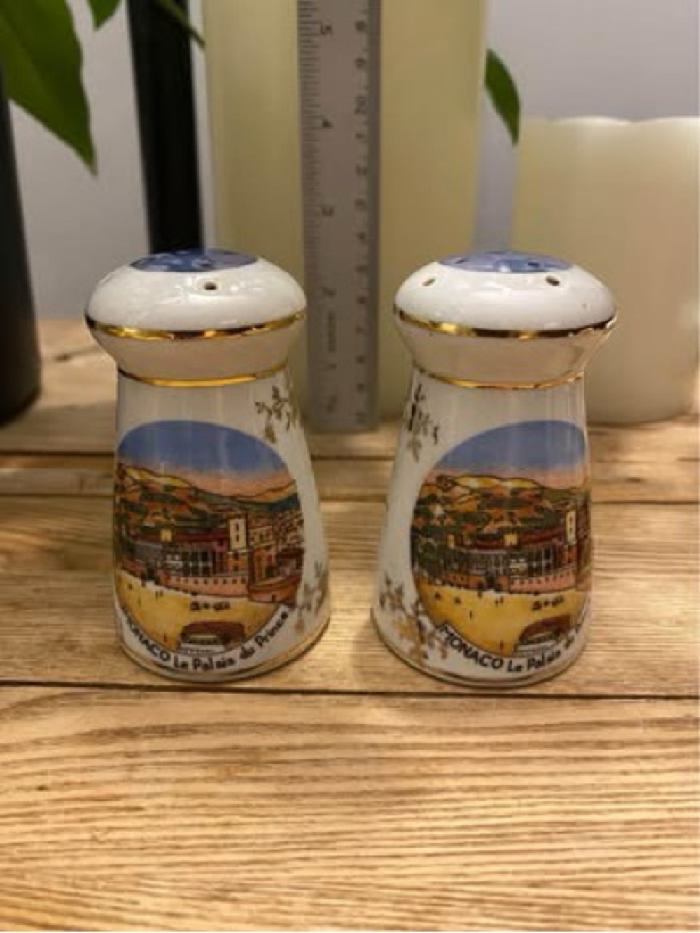 Vintage Monaco Le Palais du Prince Porcelain Salt And Pepper Shakers Repaired